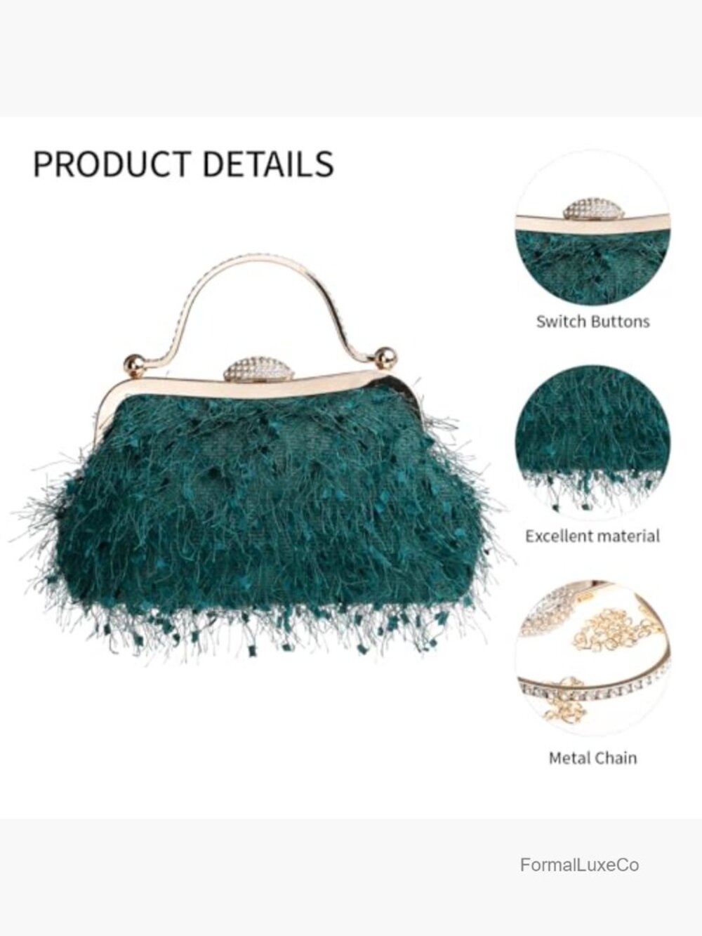 Fluffy Feather Tassel Evening Clutch Purse with Chain Strap - Picture 4 of 7